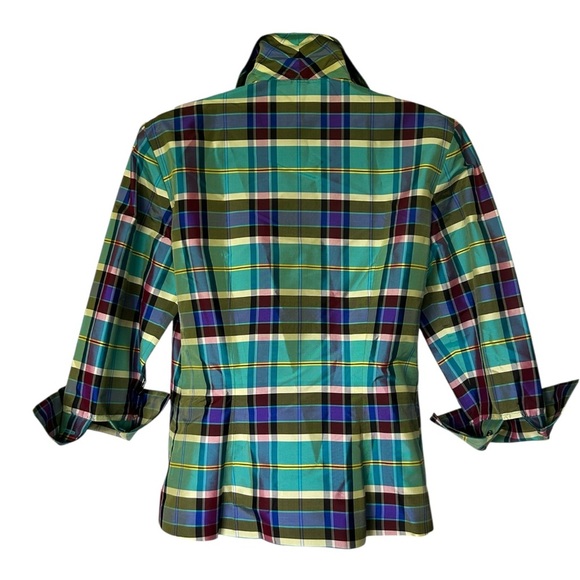 Marisa Baratelli Thai Silk Fitted Blouse Blue Plaid 3/4 Sleeve Excellent Size 6 - Picture 2 of 8